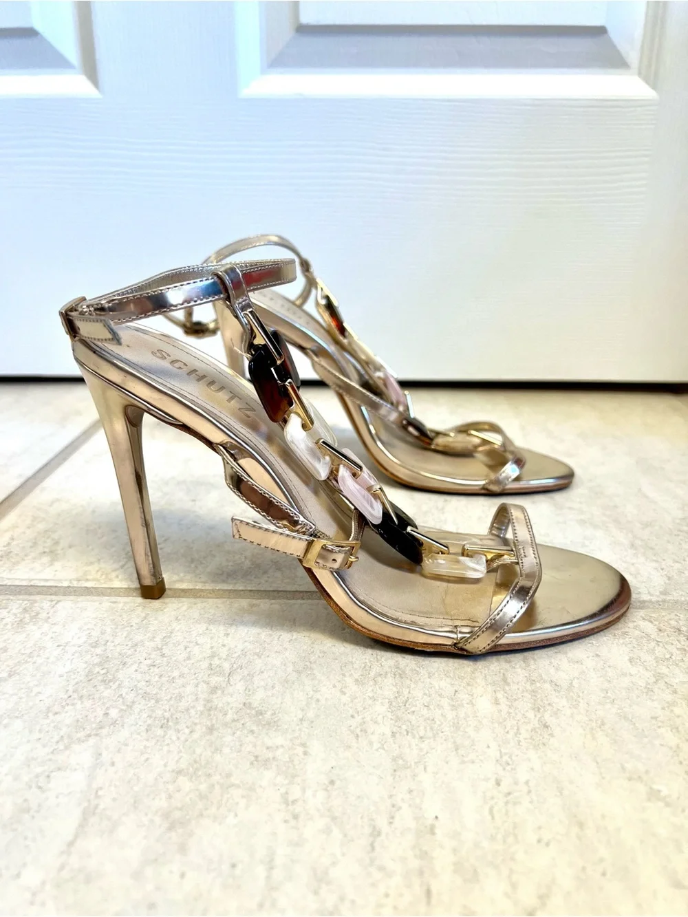 Schutz Cassandra Platina Metallic gold Ankle Strap Heel sandals 7.5M gems party